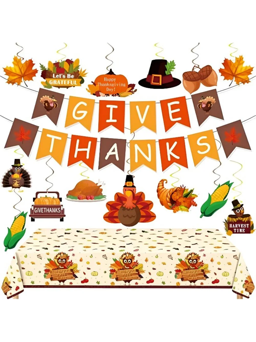 Thanksgiving Party Decorations Thanks Banner,Hanging Swirls, Tablecloth